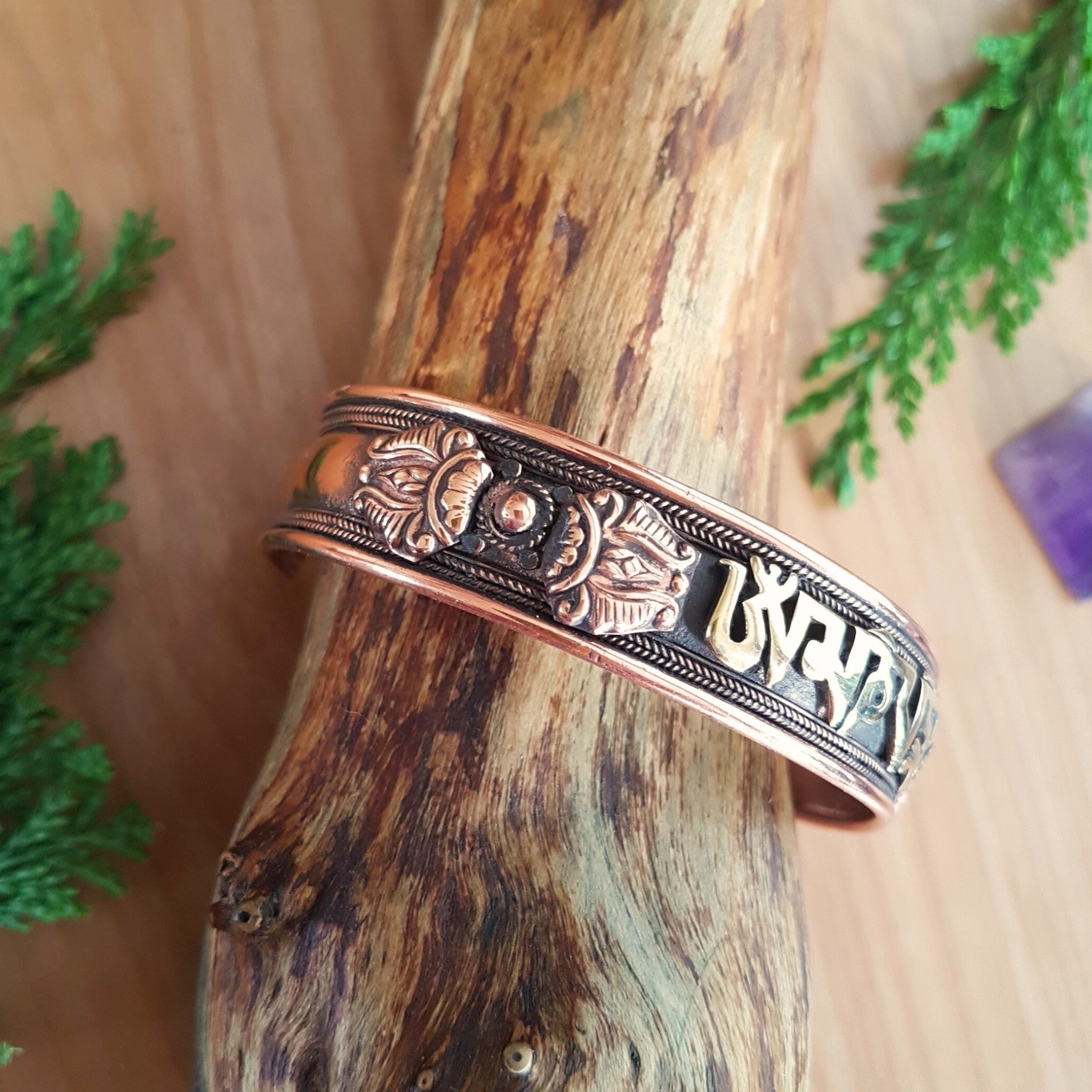 Handmade Buddhist Mantra Copper and Brass Torque Bangle
