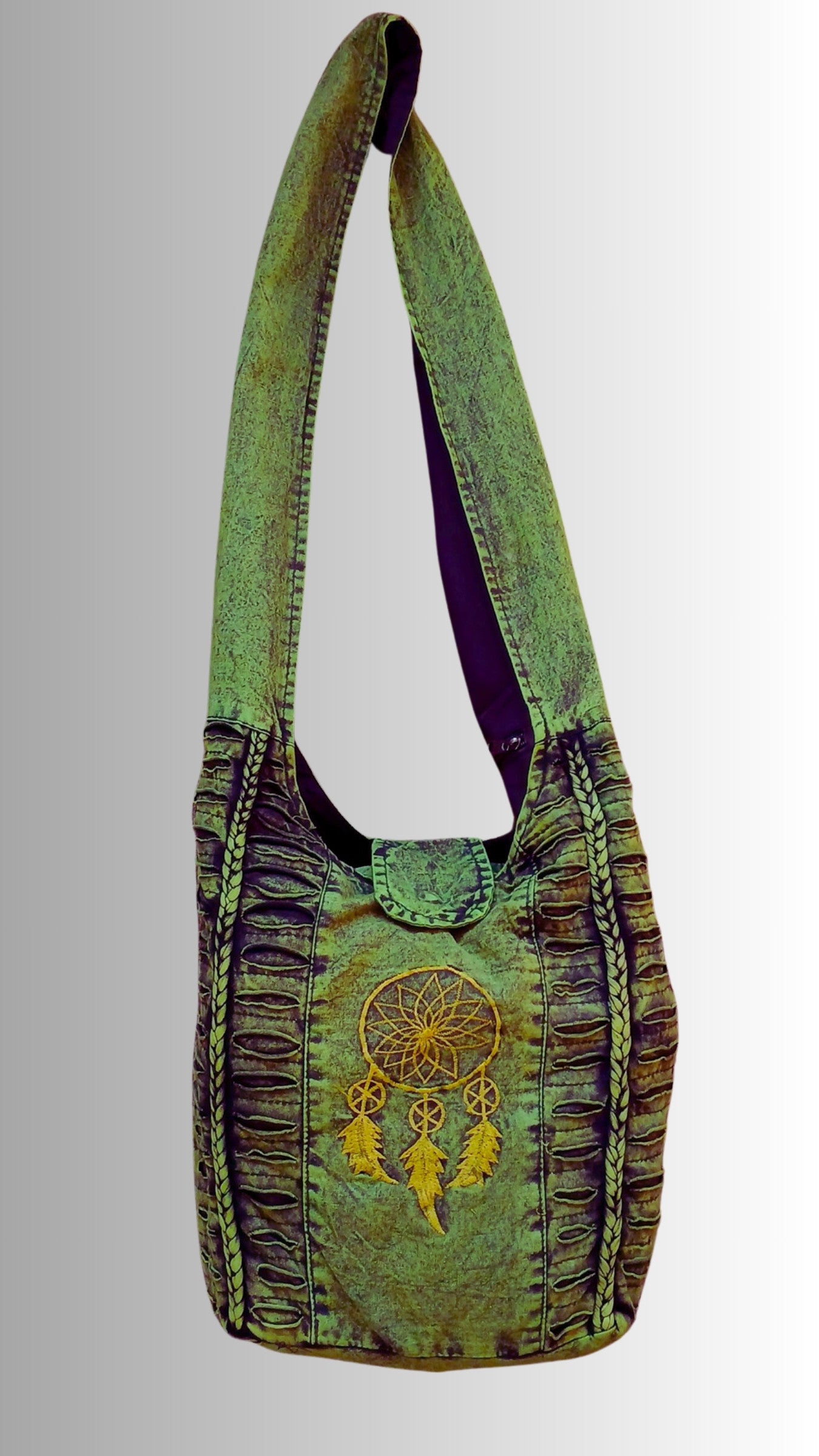 Army Green Slashed Cotton Shoulder Bag with Dream Catcher Design
