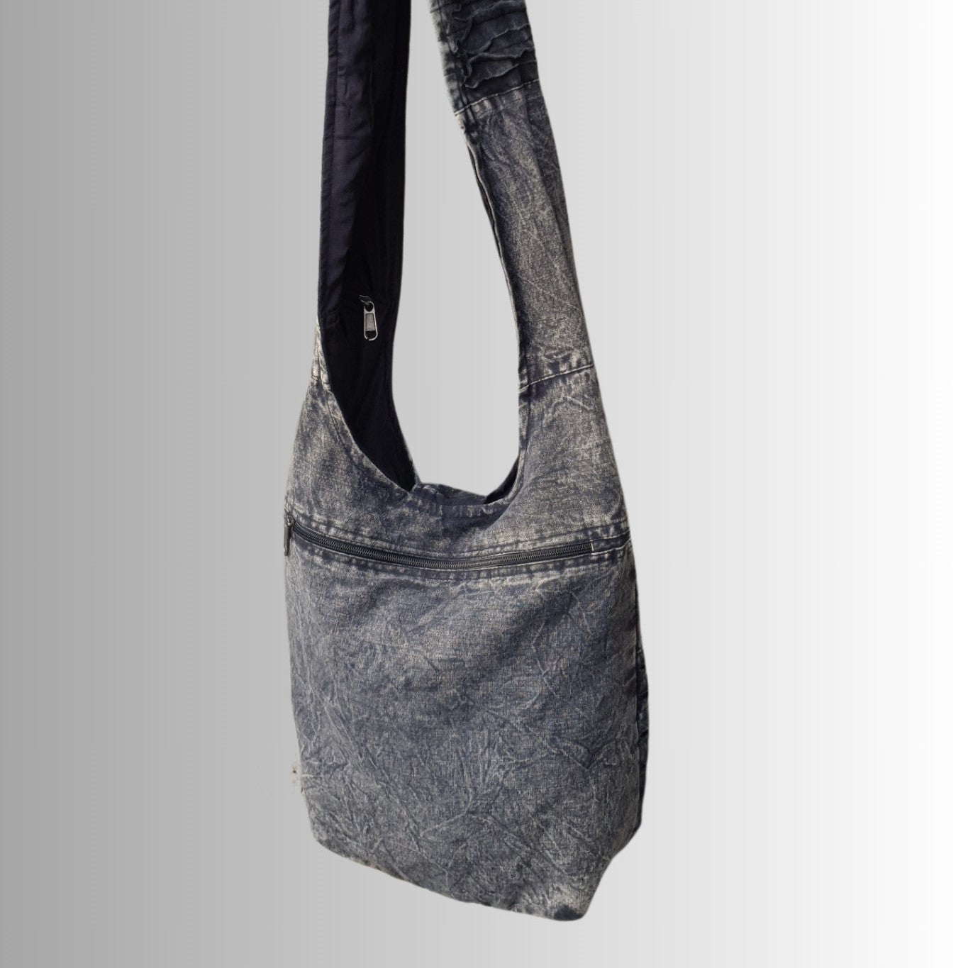 Grey Black Slashed Cotton Shoulder Bag with Flower Design