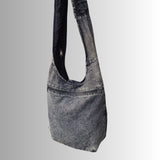 Grey Black Slashed Cotton Shoulder Bag with Flower Design