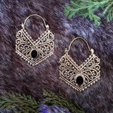 Brass Ornate Drop Earrings with Black Onyx