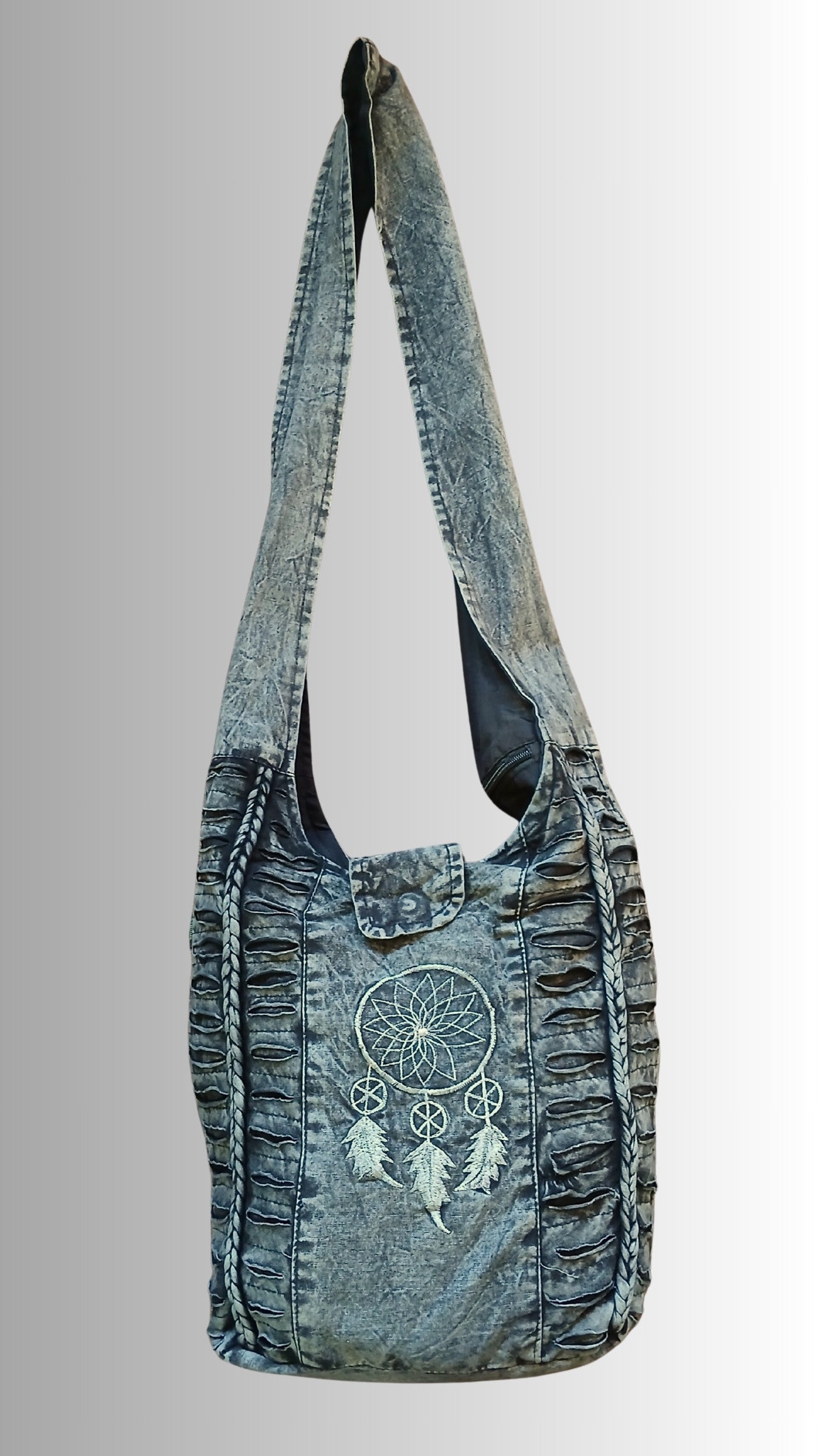 Black Grey Slashed Cotton Shoulder Bag with Dream Catcher Design 