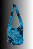 Turquoise Slashed Cotton Shoulder Bag with Flower Design