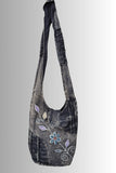 Grey Black Slashed Cotton Shoulder Bag with Flower Design