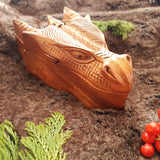 Hand Carved Wooden Trinket Jewellery Puzzle Box, Fantasy Mythical Dragon Head