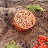 Hand Carved Wooden Trinket Jewellery Puzzle Box, Round Celtic Triskelion Spirals