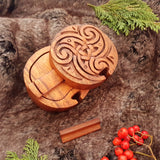 Hand Carved Wooden Trinket Jewellery Puzzle Box, Round Celtic Triskelion Spirals