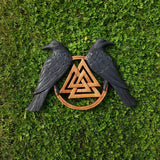 Hand Carved Brown Valknut and Black Ravens Wooden Viking Wall Hanging