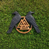 Hand Carved Brown Valknut and Black Ravens Wooden Viking Wall Hanging
