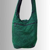 Dark Green Slashed Cotton Shoulder Bag with Flower Design