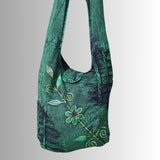 Dark Green Slashed Cotton Shoulder Bag with Flower Design