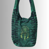 Dark Green Slashed Cotton Shoulder Bag with Dream Catcher Design