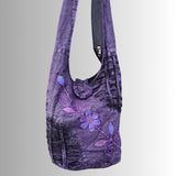 Purple Slashed Cotton Shoulder Bag with Flower Design