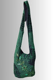Dark Green Slashed Cotton Shoulder Bag with Flower Design