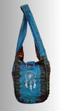 Turquoise and Black Slashed Cotton Shoulder Bag with Dream Catcher Design 