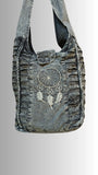 Black Grey Slashed Cotton Shoulder Bag with Dream Catcher Design