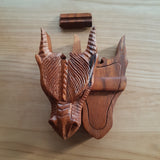 Hand Carved Wooden Trinket Jewellery Puzzle Box, Fantasy Mythical Dragon Head