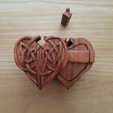 Hand Carved Wooden Trinket Jewellery Puzzle Box, Celtic Love Heart