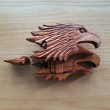 Hand Carved Wooden Trinket Jewellery Puzzle Box, Eagle Head