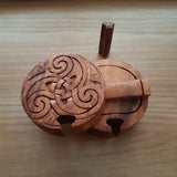 Hand Carved Wooden Trinket Jewellery Puzzle Box, Round Celtic Triskelion Spirals