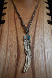 Hand Made Macrame Feather Brass Pendant Necklace with Turquoise Stone