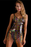 Women's Rainbow sequin bodysuit Burlesque Rave Disco Party Holographic front view | Shrine Clothing - SHRINE