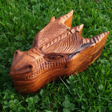 Hand Carved Wooden Trinket Jewellery Puzzle Box, Fantasy Mythical Dragon Head