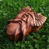 Hand Carved Wooden Trinket Jewellery Puzzle Box, Viking Norse God Odin Head