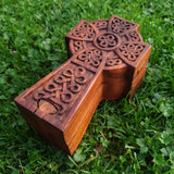 Hand Carved Wooden Trinket Jewellery Puzzle Box, Celtic Cross