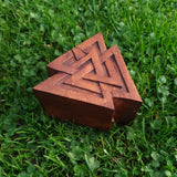 Hand Carved Wooden Trinket Jewellery Puzzle Box, Norse Viking Valknut