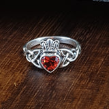 Cut Garnet Silver Celtic Claddagh Ring with love heart.