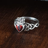 Cut Garnet Silver Celtic Claddagh Ring with love heart.