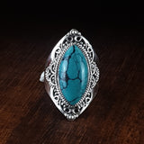 Long Marquise Turquoise Silver Ring with silver spiral detail