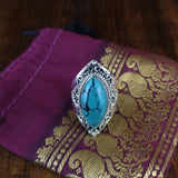 Long Marquise Turquoise Silver Ring with silver spiral detail