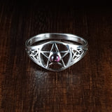 Garnet and Silver Celtic Pentagram Ring