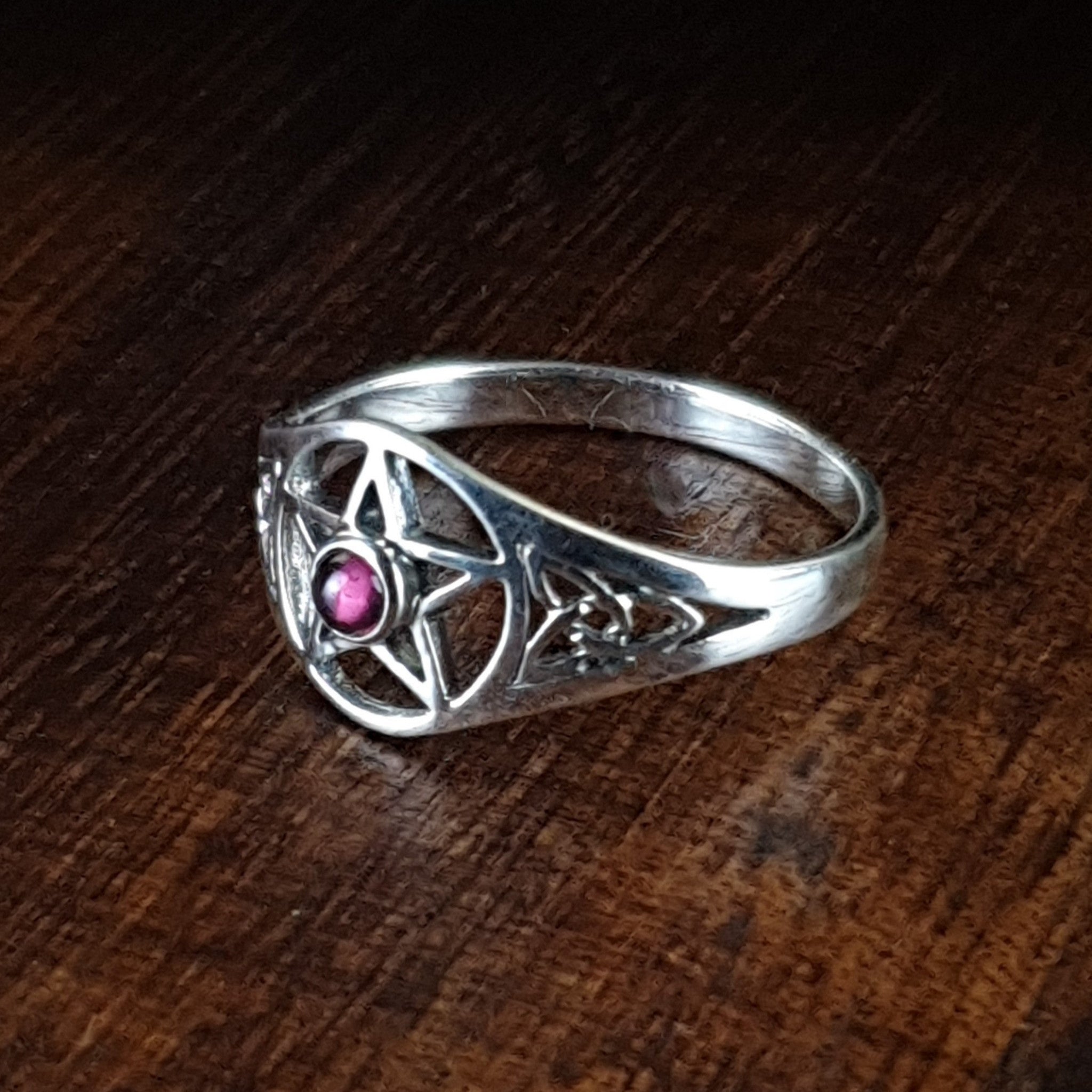 Garnet and Silver Celtic Pentagram Ring