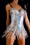 Women's Sequin Bodysuit Burlesque Disco Silver Holographic Twirl | Shrine Clothing