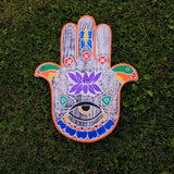 Hand Carved Painted Wall Plaque Hand of Fatima Yoga Meditation Gift