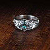 Mystic Quartz Cut Stone Silver Flower Pattern Ring